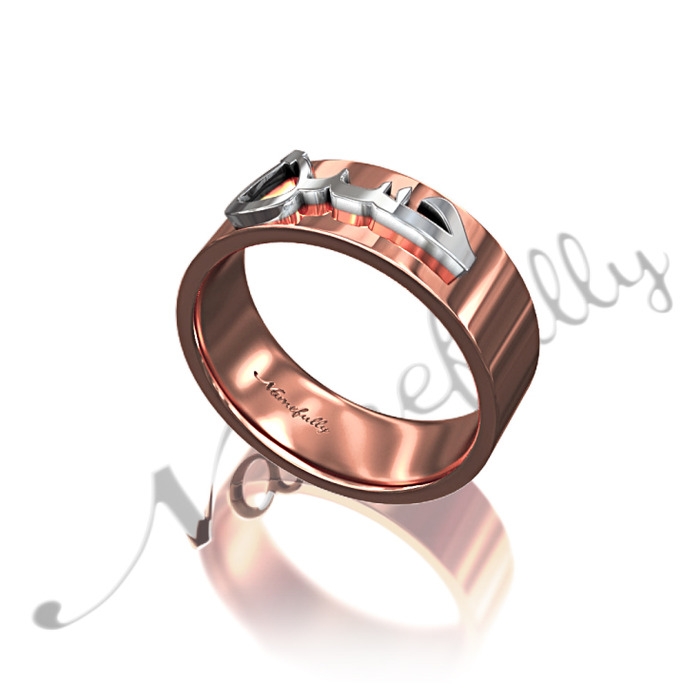 Arabic Name Ring with Layered Letters - "Hasan" (Two-Tone 14k Rose & White Gold) - 1