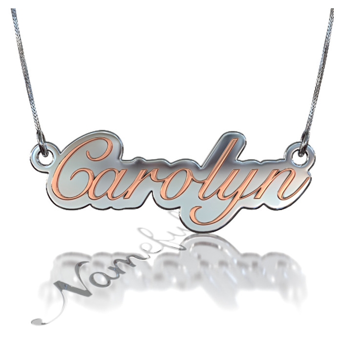 3D Name Necklace in Elegant Script - "Carolyn" (Two-Tone 14k White & Rose Gold) - 1