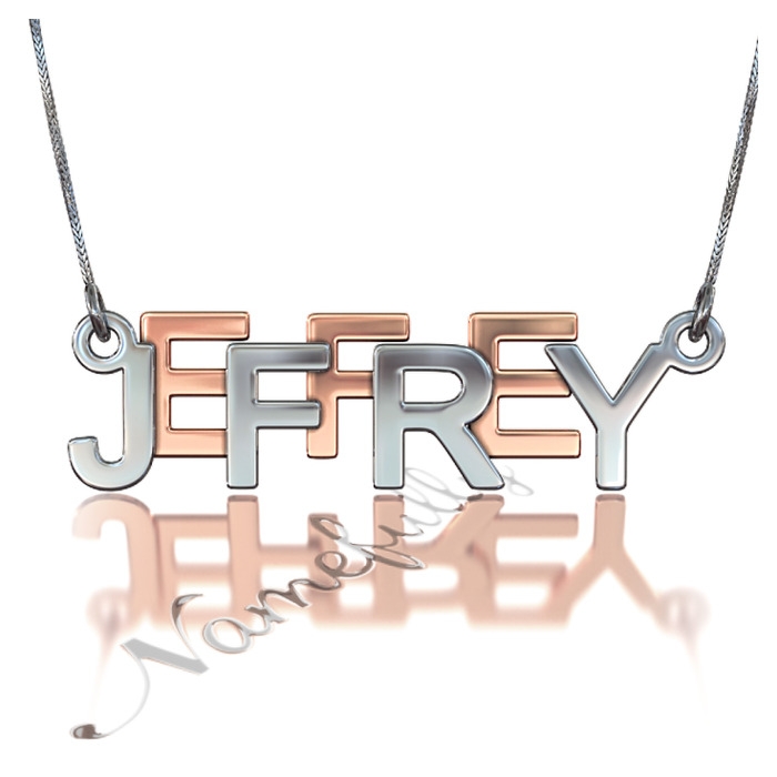 3D Name Necklace with Bold Layered Letters - "Jeffrey" (Two-Tone 10k White & Rose Gold) - 1