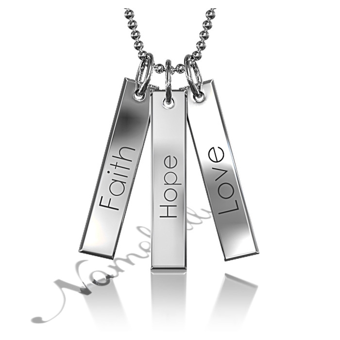 14k White Gold "Faith, Hope & Love" Bar Necklace with Contrast Letters - 1