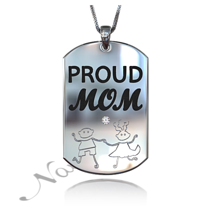 Dog Tag with "Proud Mom", Diamonds and Contrast Details in 14k White Gold - 1