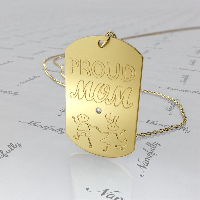 Dog Tag with "Proud Mom" and Diamonds in 18k Yellow Gold Plated - 1