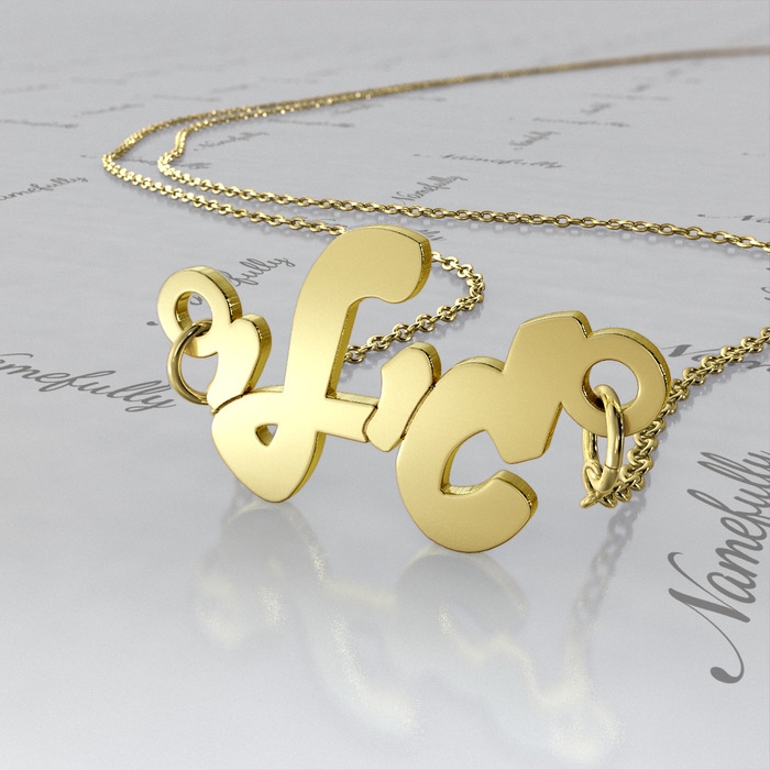 14k Yellow Gold Hebrew Name Necklace in Cursive - "Gili" - 1