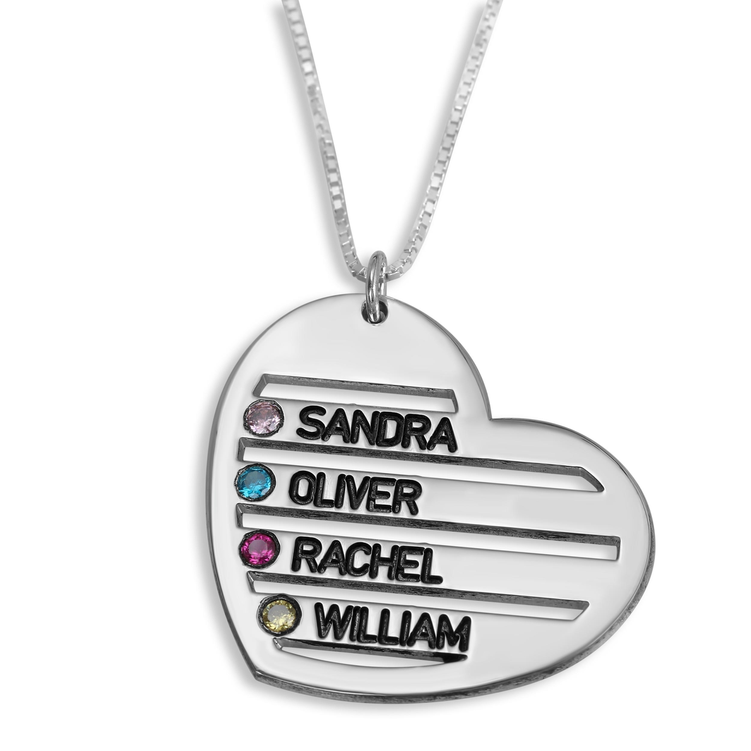 Double Thickness Mother's Birthstone Heart Four Name Necklace, Sterling Silver - 1