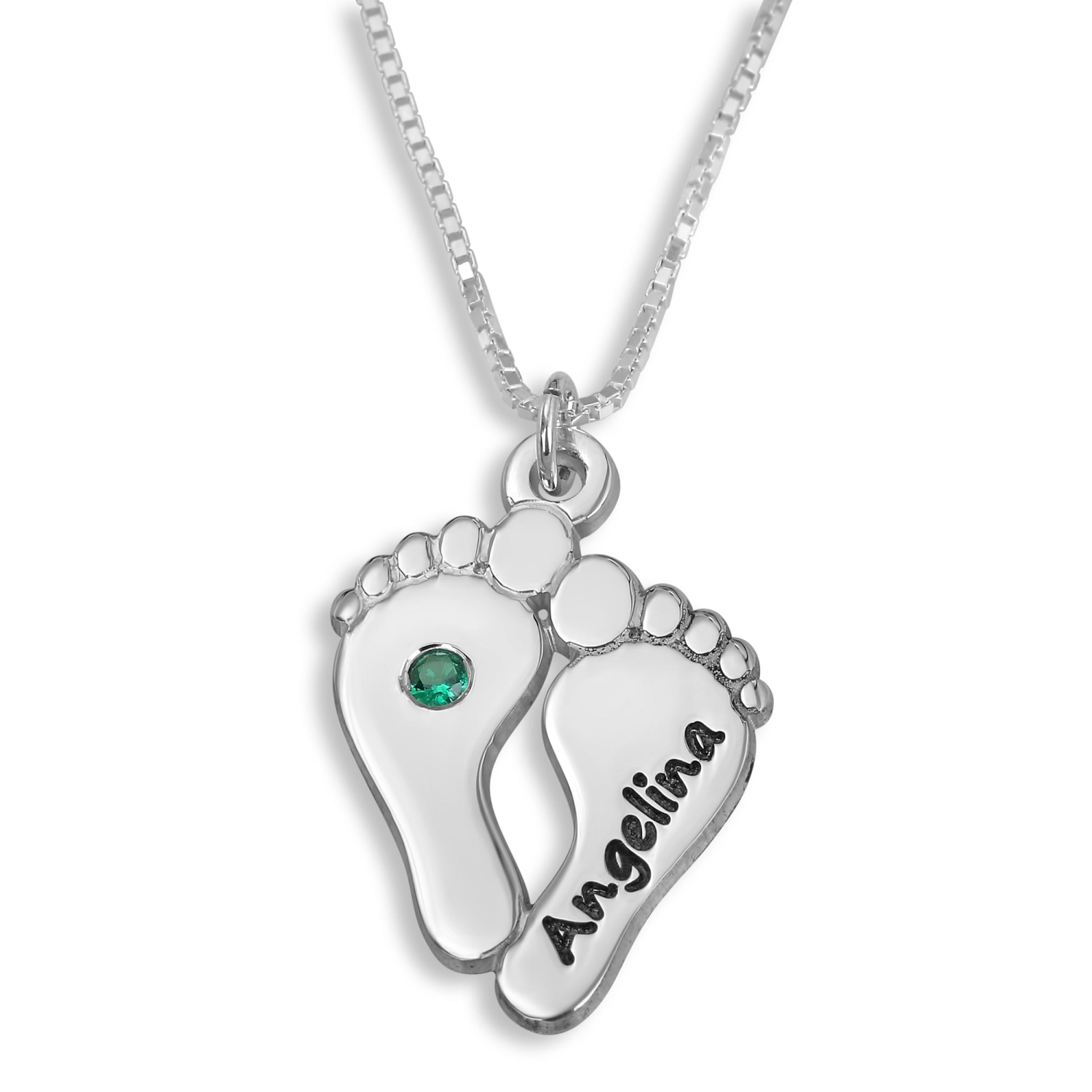 Double Thickness Mother's Baby Footprint Name Necklace With Birthstone, Silver - 1
