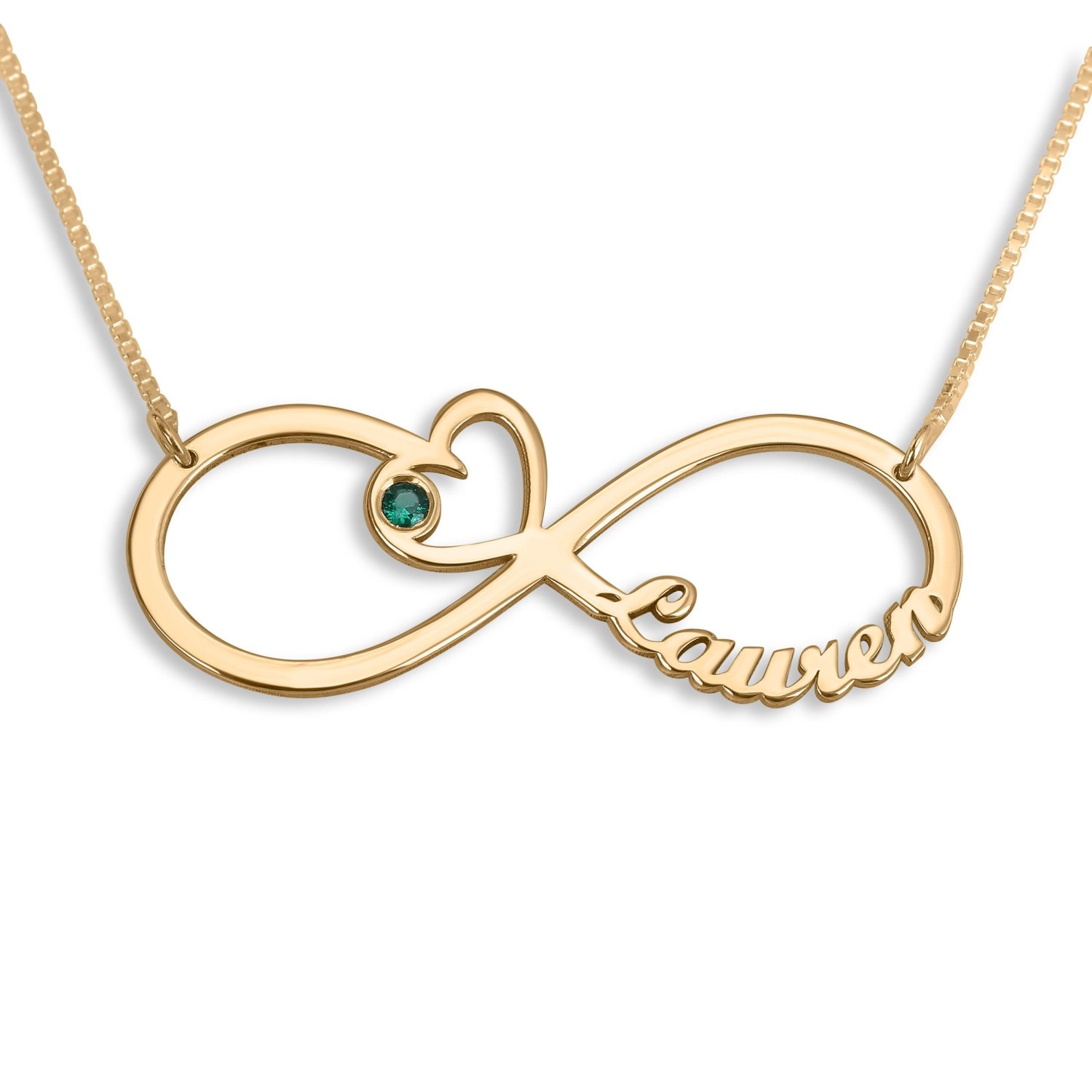 Double Thickness Infinity Name Necklace With Heart And Birthstone, 24K Gold Plated - 1