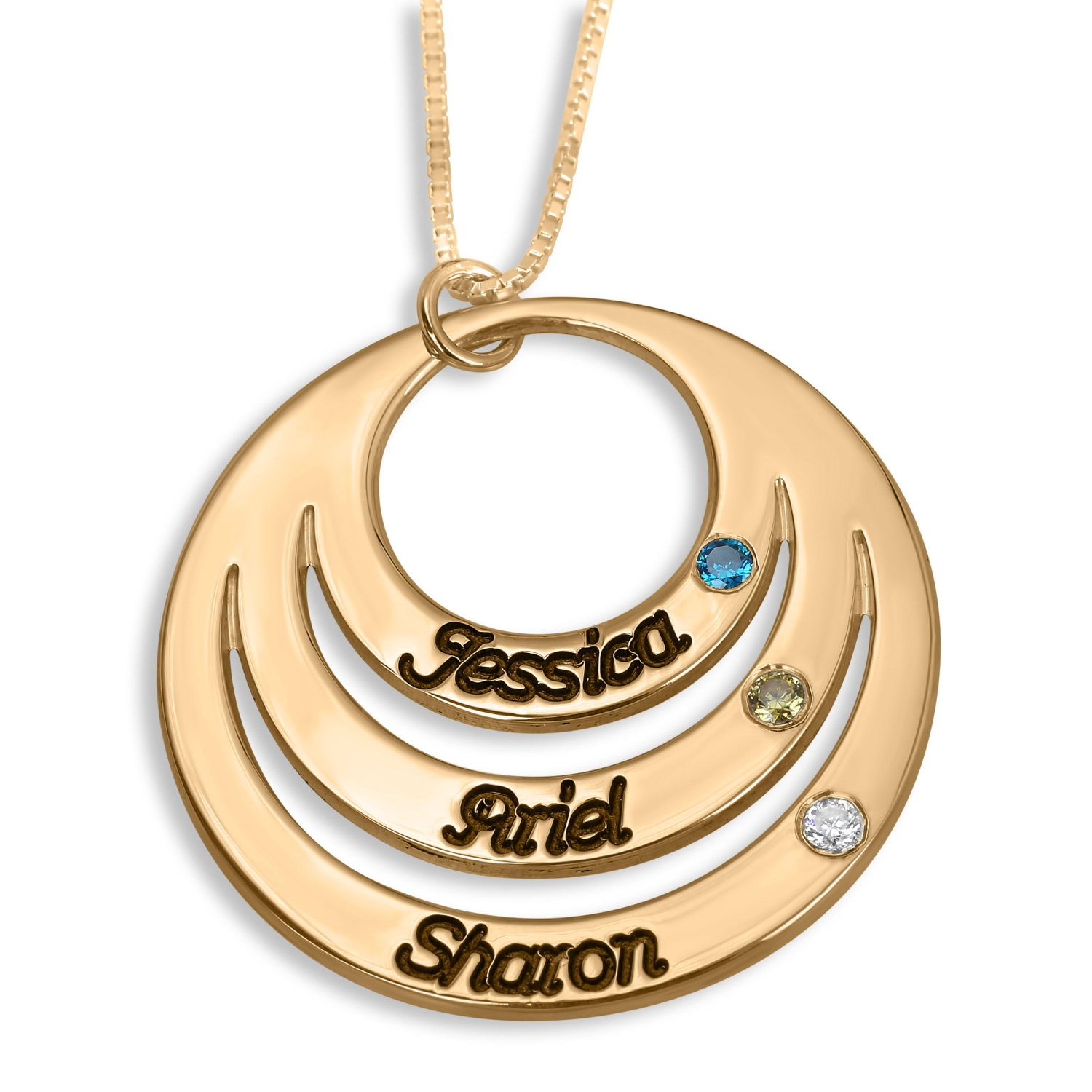 Double Thickness Mother's Triple Name Open Disc Birthstone Necklace, 24K Gold Plated - 2