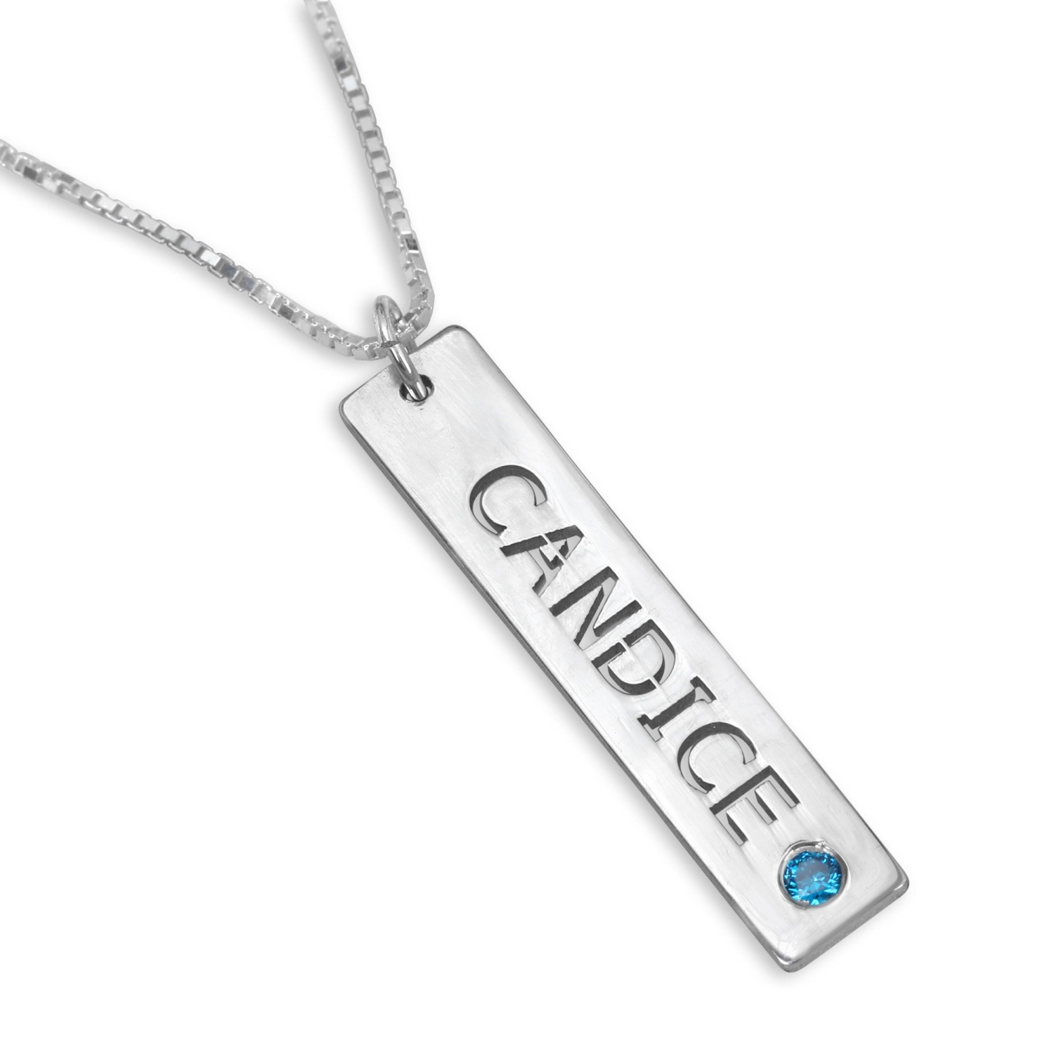 Double Thickness Vertical Bar Name Necklace with Birthstone, Sterling Silver - 1