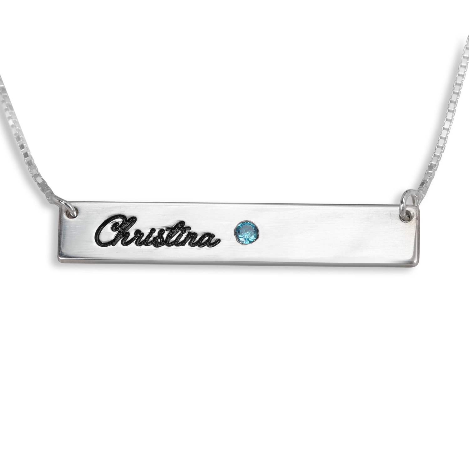 Double Thickness Horizontal Bar Script Name Necklace With Birthstone, Sterling Silver - 1