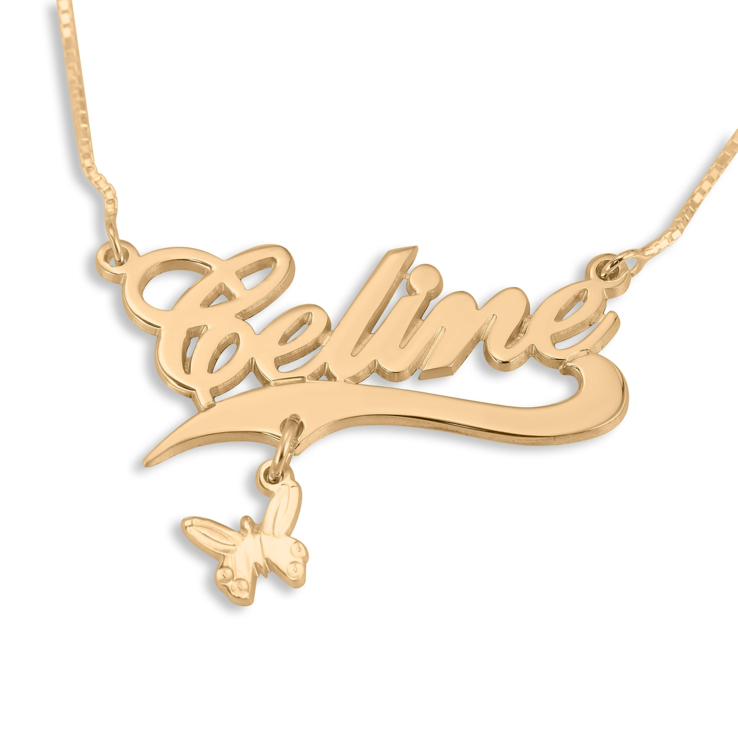 Script Name Necklace With Butterfly Charm, 24K Gold Plated - 1