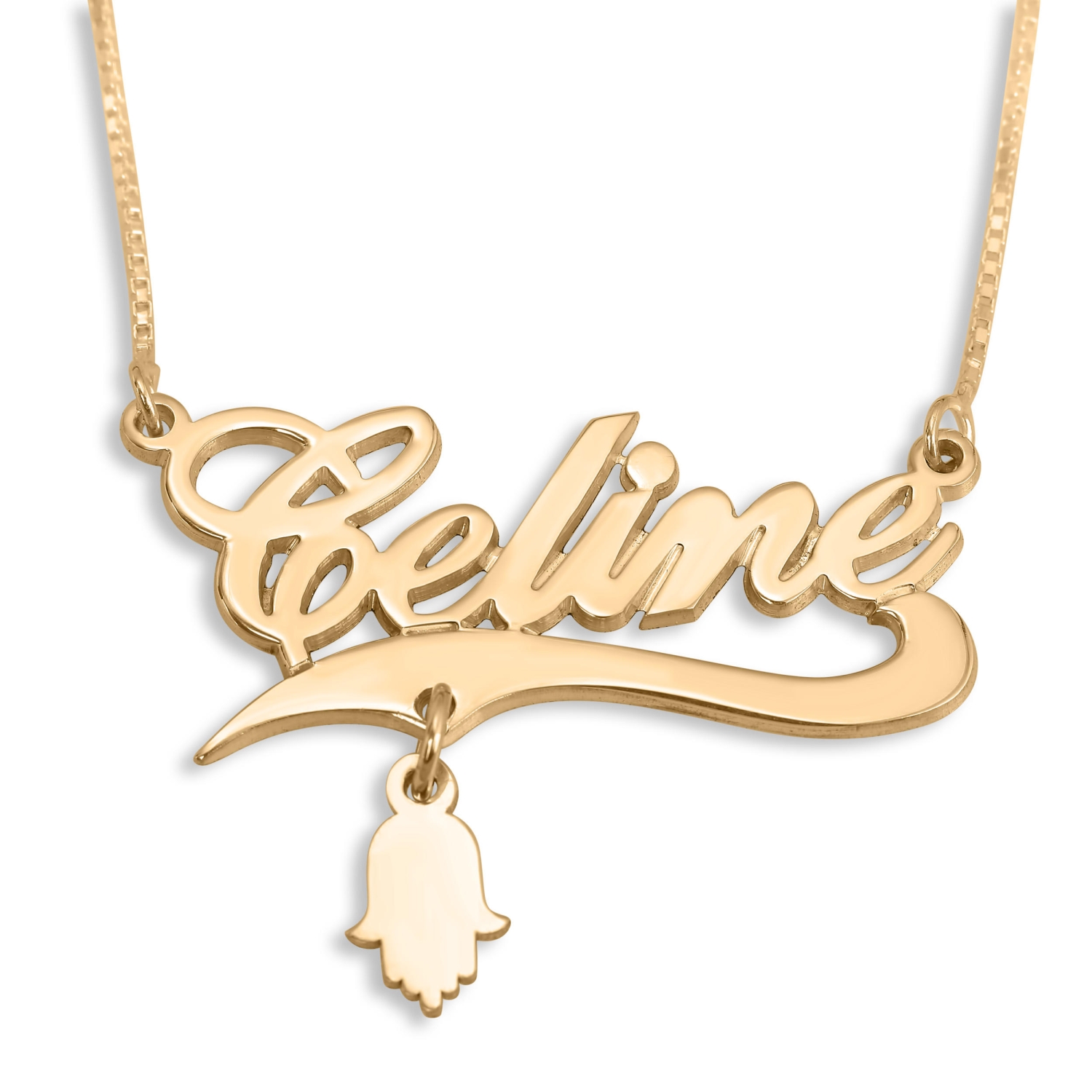 Script Name Necklace With Lucky Hamsa Charm, 24K Gold Plated - 1