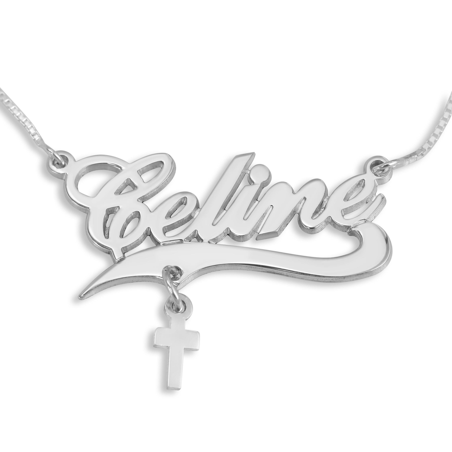 Script Name Necklace With Cross Charm, Sterling Silver - 1
