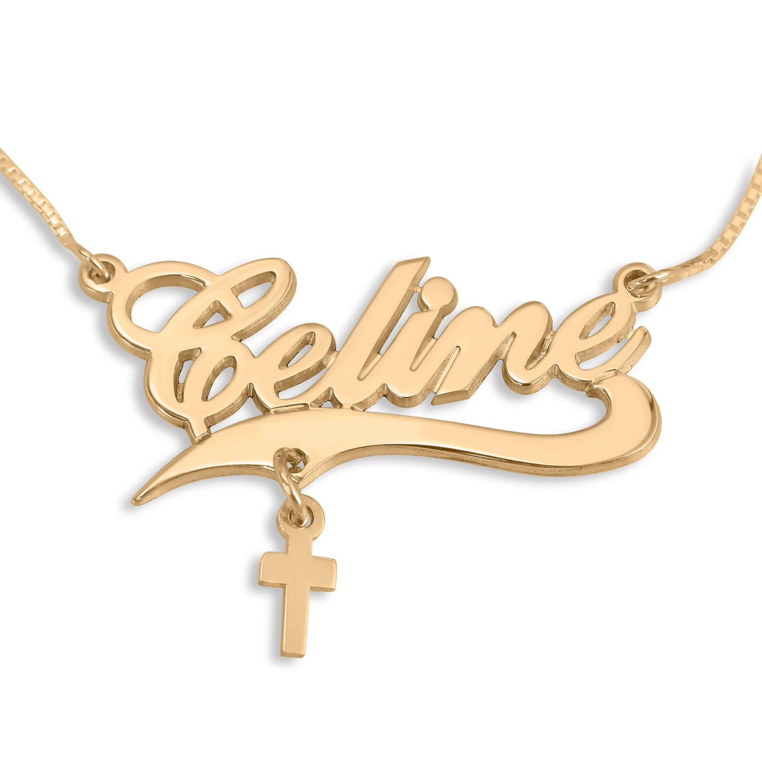 Script Name Necklace With Cross Charm, 24K Gold Plated - 1