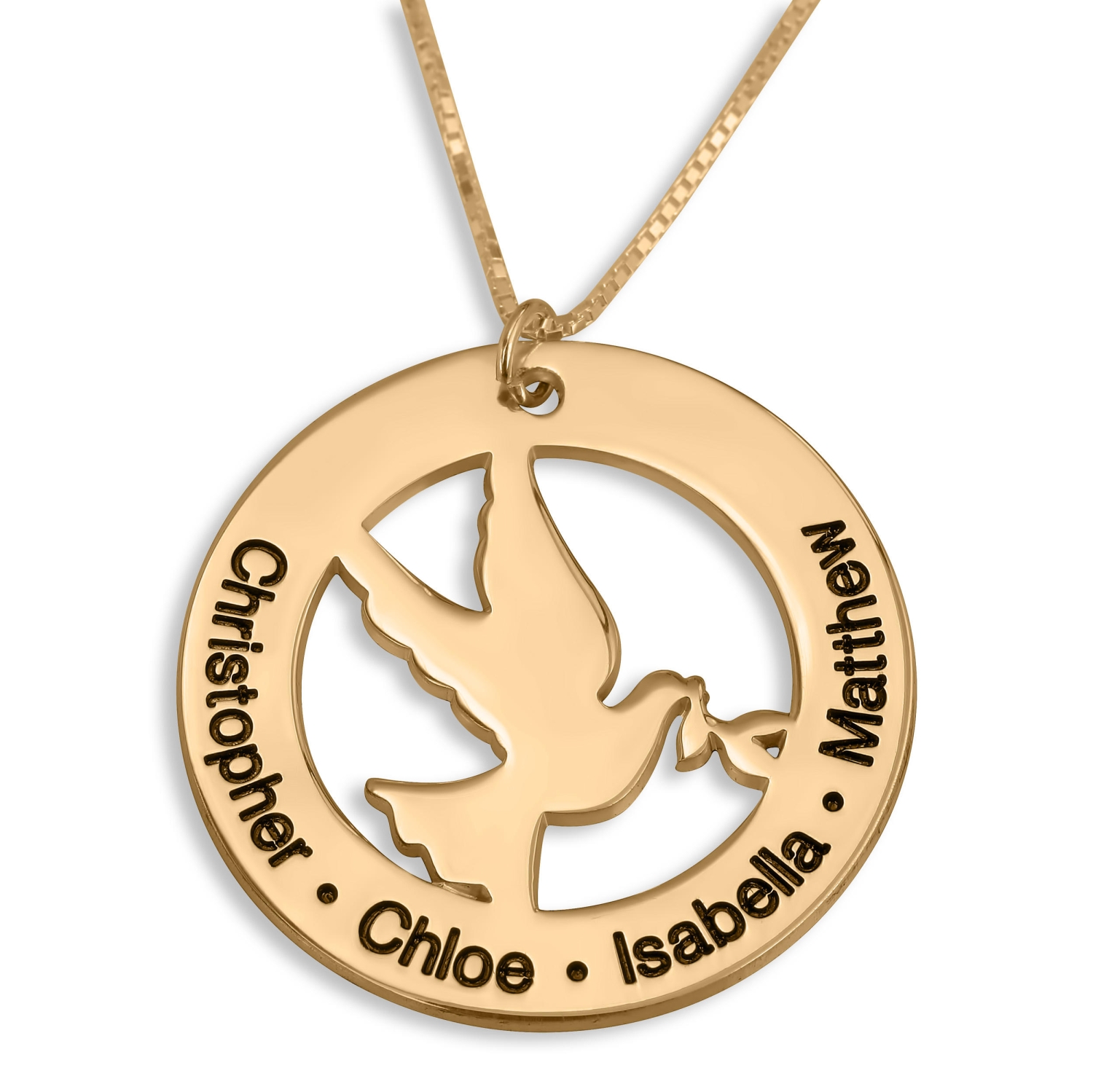 Family Name Necklace With Dove, 24K Gold Plated - 1