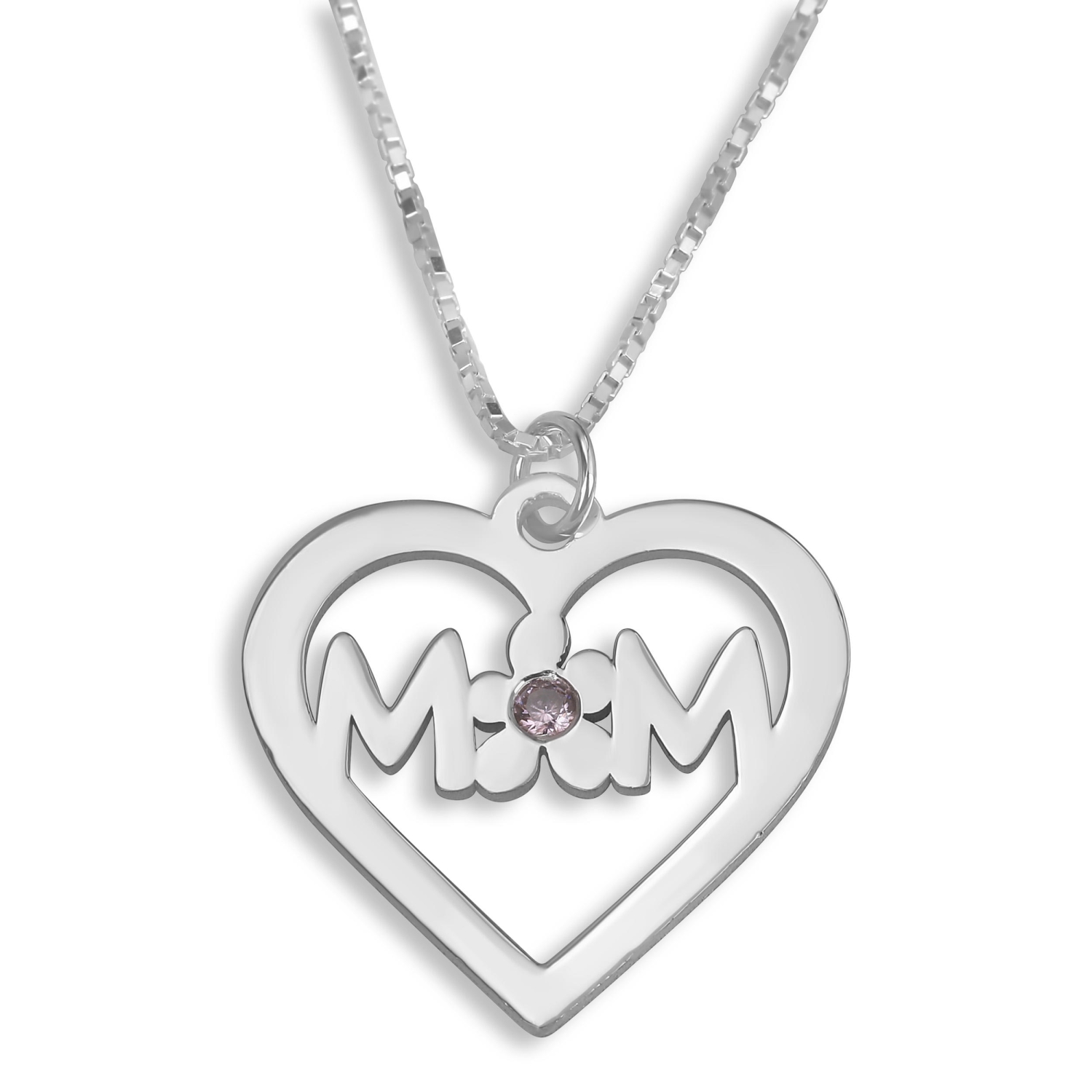 Double Thickness Mom With Flower And Birthstone Heart Name Necklace, Sterling Silver - 1