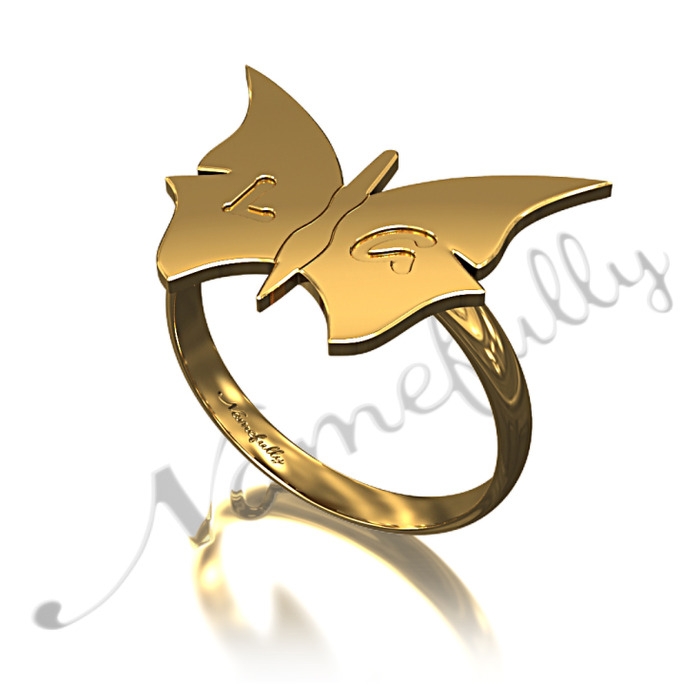 LG Butterfly Initial Ring in 14k Yellow Gold - 1