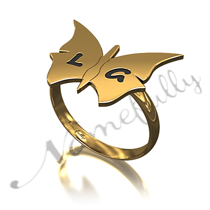 Butterfly Ring with Contrast Letters in 10k Yellow Gold - "LG" - 1