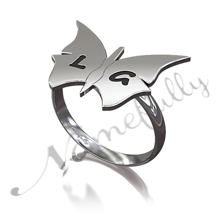 Butterfly Ring with Contrast Letters in 14k White Gold - "LG" - 1