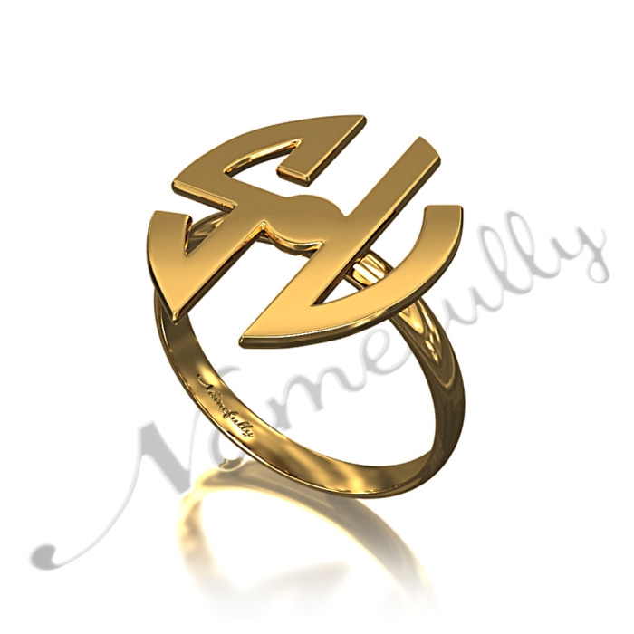 18k Yellow Gold Plated Initial Ring with Rounded Letters - "SL" - 1