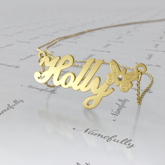Customized Butterfly Name Necklace with Diamonds in 18k Yellow Gold Plated Silver - "Holly" - 1