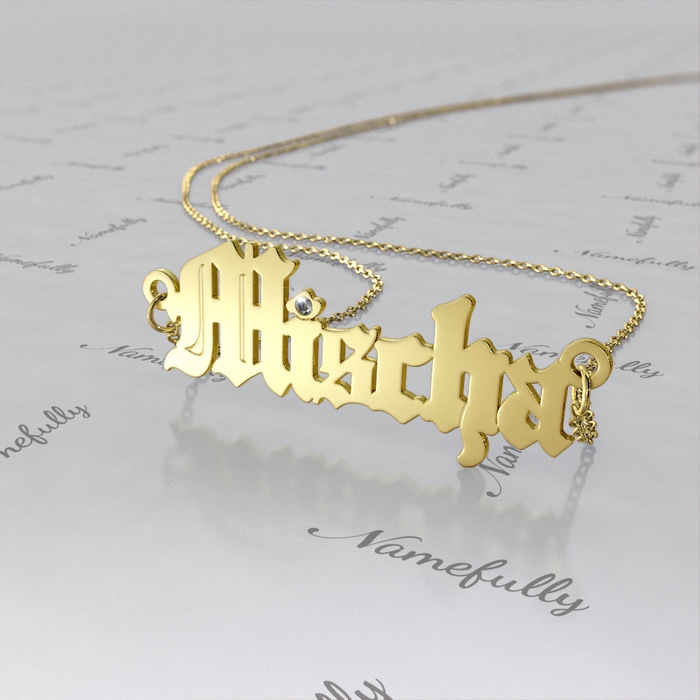 Name Necklace with Diamonds & Gothic Font in 18k Yellow Gold Plated Silver - "Mischa Barton" - 1