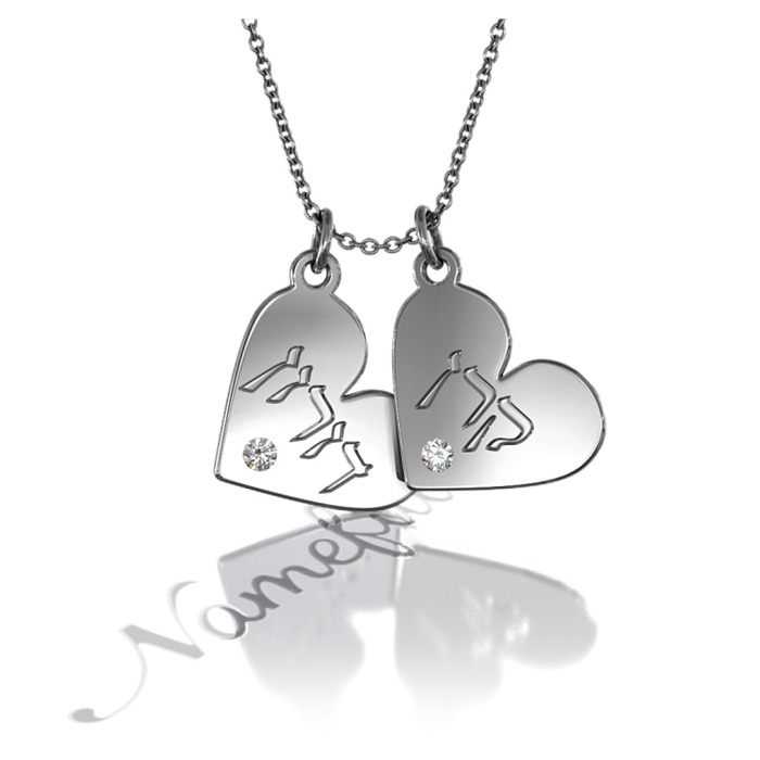 Hebrew Couple Name Necklace with Hearts and Diamonds in Sterling Silver - "Keren loves Doron" - 1