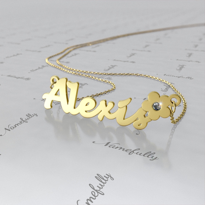 Name Necklace with Flower and Diamonds in 18k Yellow Gold Plated Silver - "Alexis" - 1