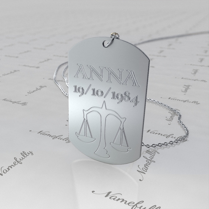 Zodiac Dog Tag with Custom Engraved Text-"Anna" in 14k White Gold - 1