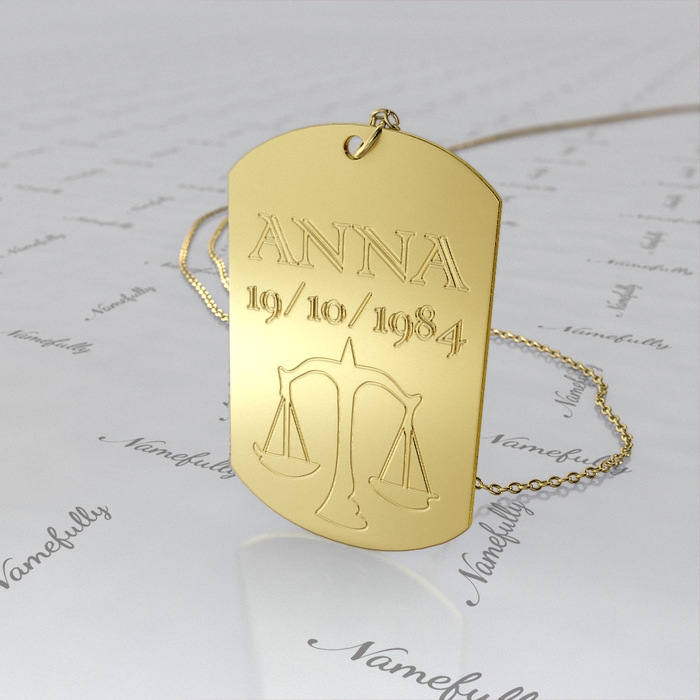 Zodiac Dog Tag with Custom Engraved Text-"Anna" in 18k Yellow Gold Plated - 1