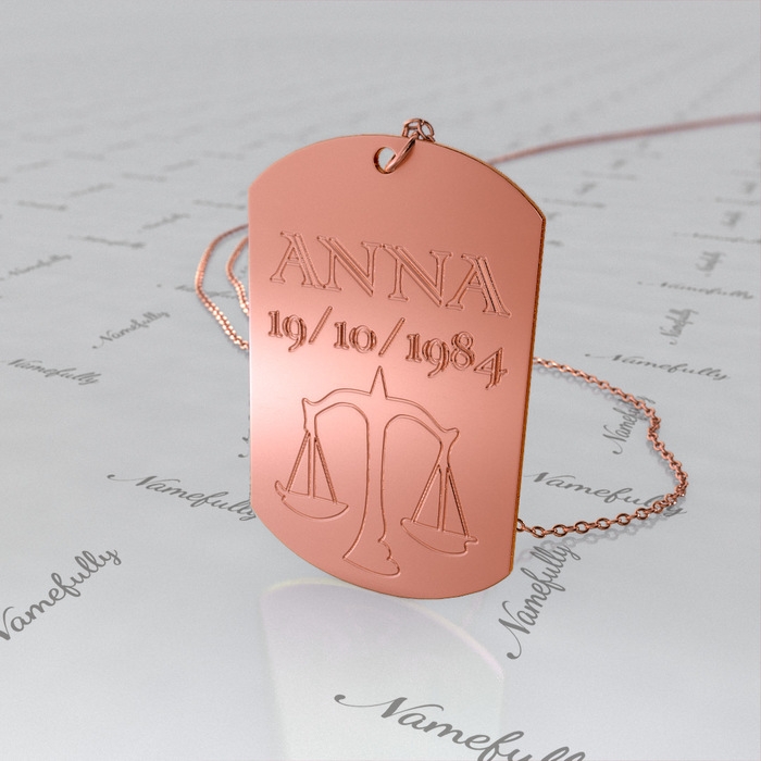 Zodiac Dog Tag with Custom Engraved Text-"Anna" in 10k Rose Gold - 1