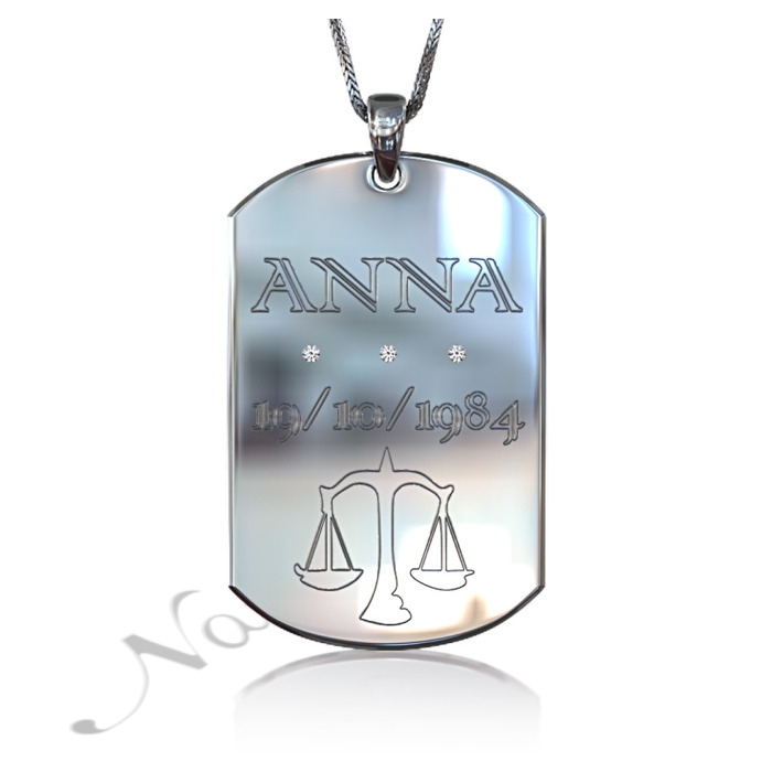 Zodiac Dog Tag with Diamonds and Custom Engraved Text-"Anna" in 10k White Gold - 1
