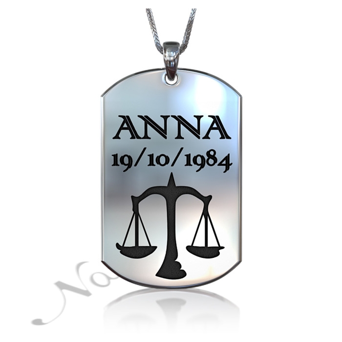 Zodiac Dog Tag with Custom Engraved Black Text-"Anna" in Sterling Silver - 1