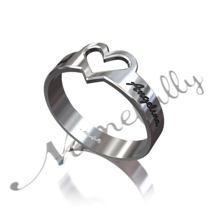 Personalized Ring with Two Names in Script with Cut Out Heart - "Brad and Angelina" in Sterling Silver - 1