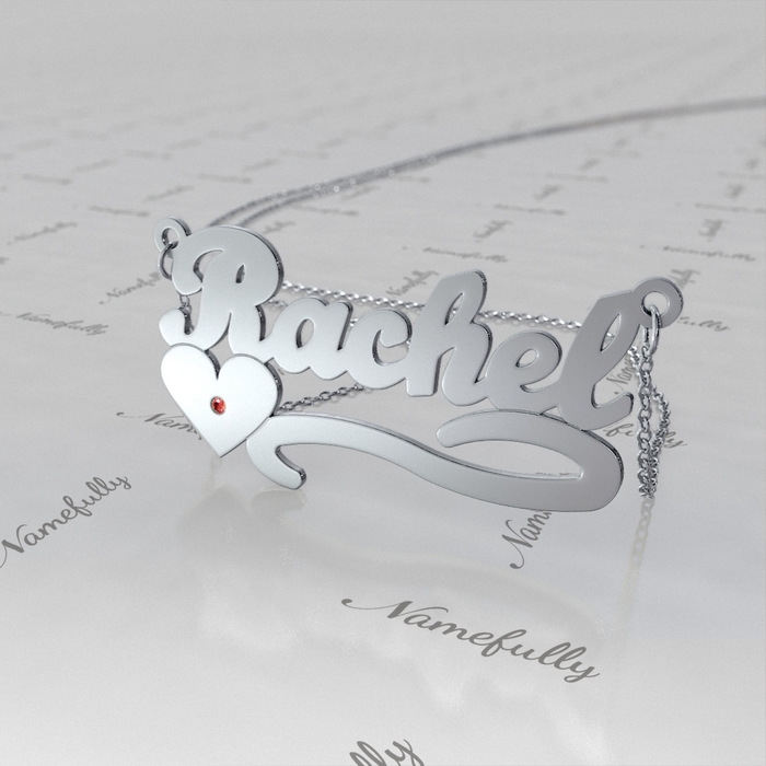 Name Necklace with Heart and Swarovski Birthstones in Sterling Silver - "Rachel" - 1