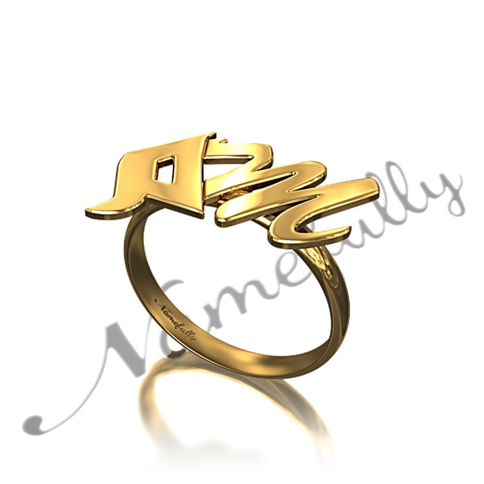 Personalized Ring with Arabic and English Initials - "Miim" in 10k Yellow Gold - 1