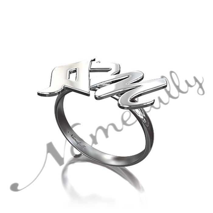 Personalized Ring with Arabic and English Initials - "Miim" in 14k White Gold - 1