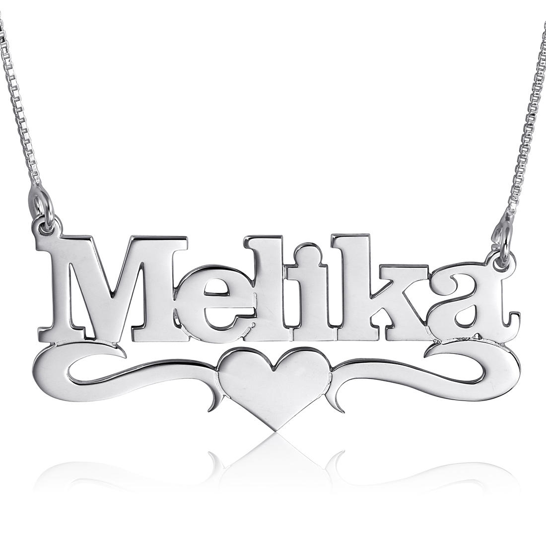 14K White Gold Name Necklace, Modern Serif Print with Center Heart - 1