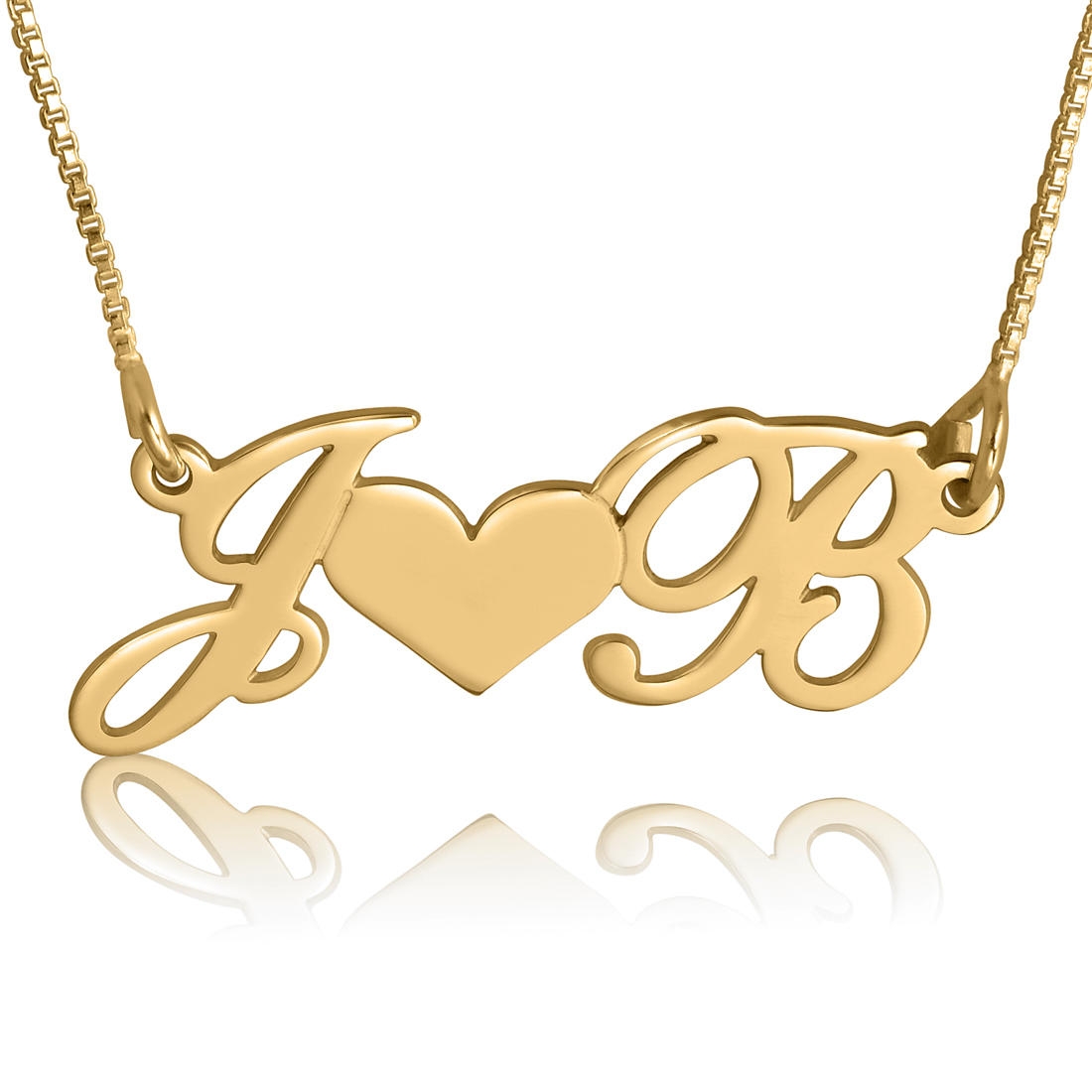 14k Gold Couples Initial Necklace, Double Hearts, Luxe Script - 1
