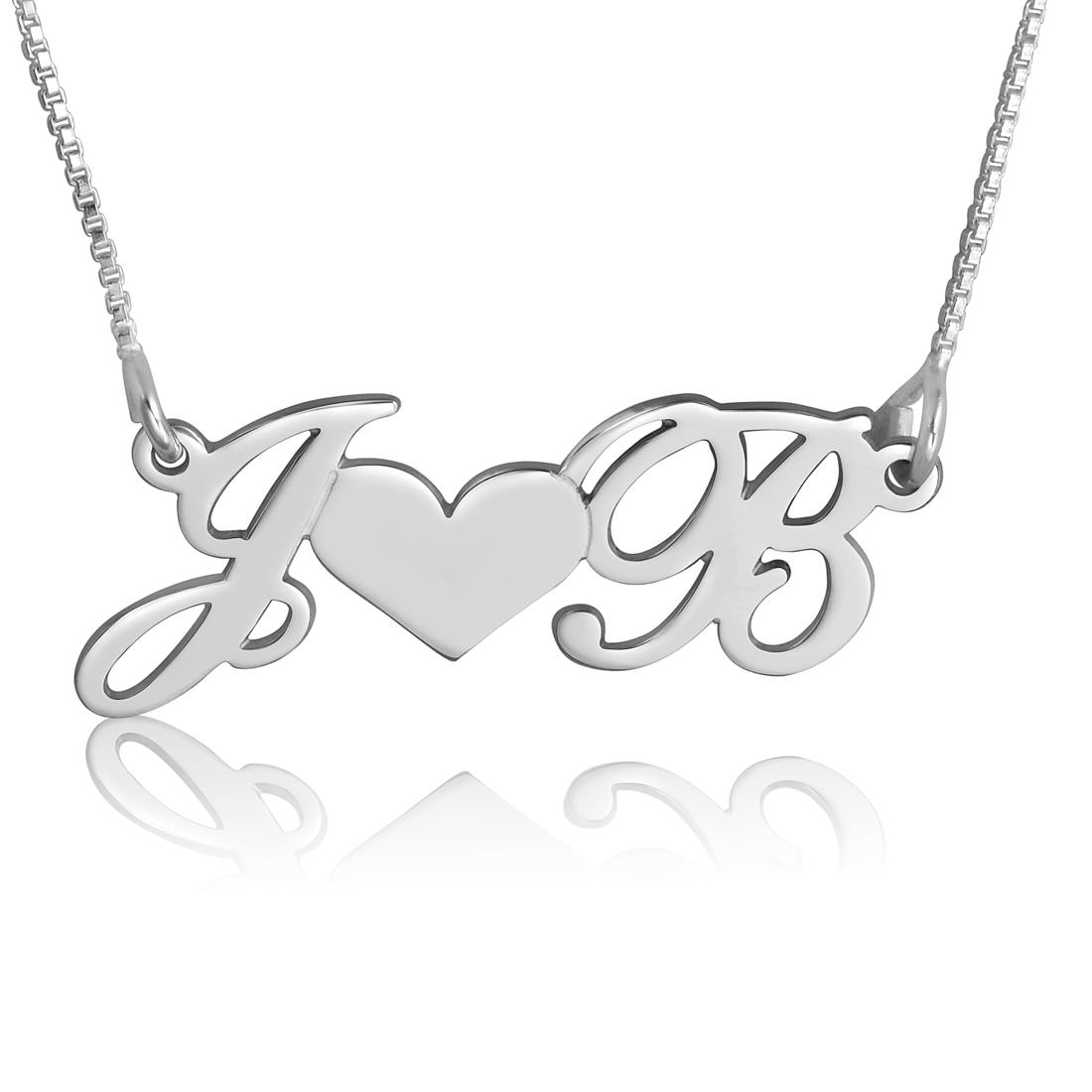 Couples Initial Necklace, 14K White Gold, Double Initial Heart Necklace - 1