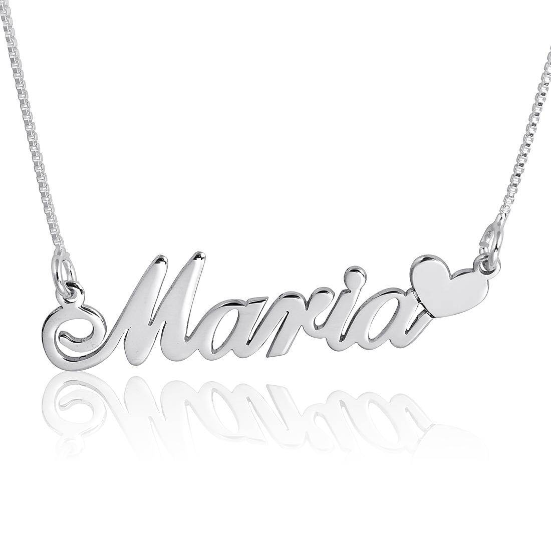 14K White Gold Name Necklace, Maria Style With Heart End - 1