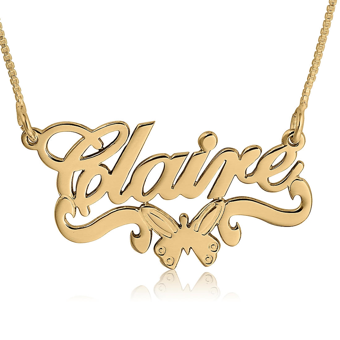 Butterfly Name Necklace, 24k Gold Plated, with Swooshes - 1