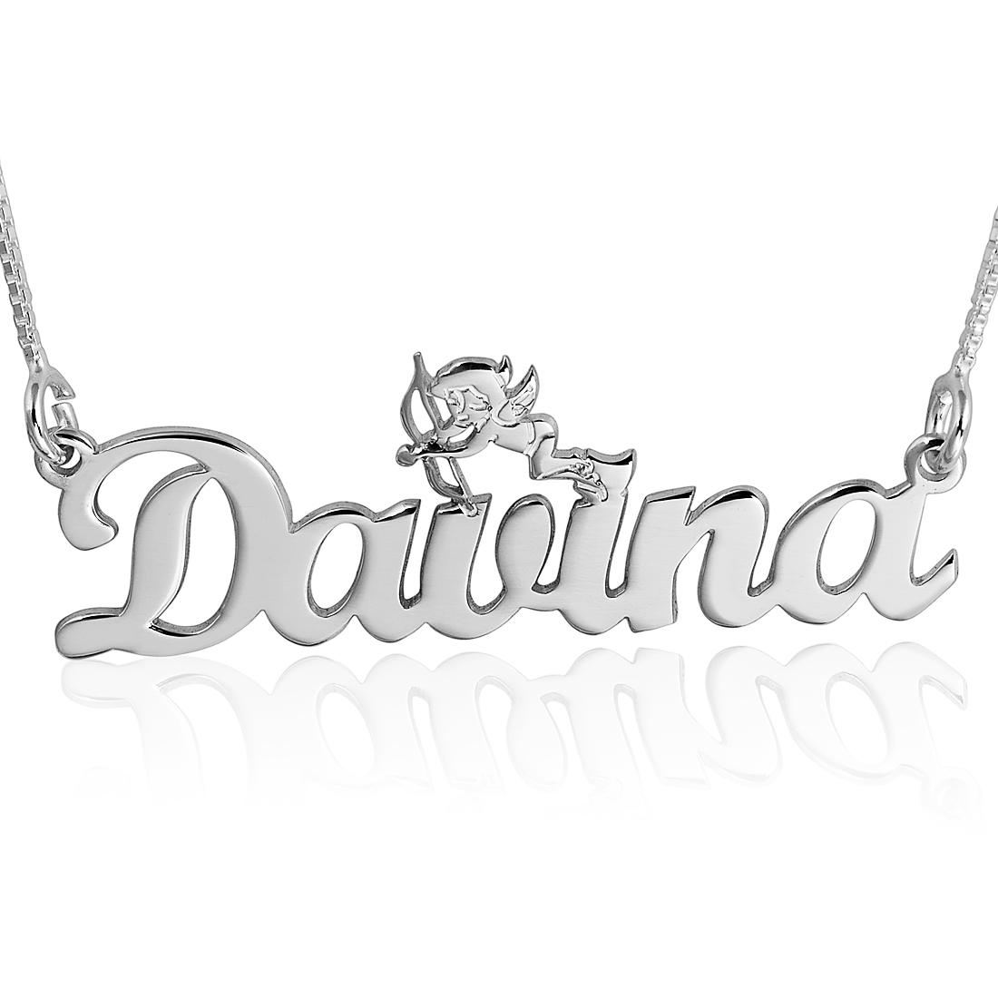 14K White Gold Name Necklace, Cupid's Love Name Plate - 1
