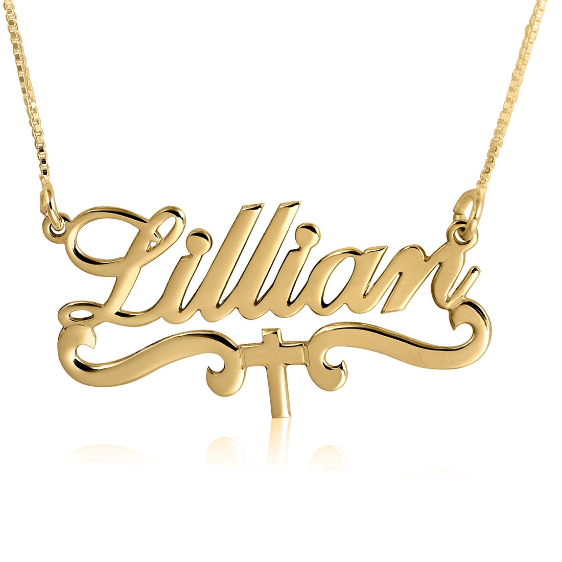 Cross Name Necklace, 24k Gold Plated Name Plate - 1
