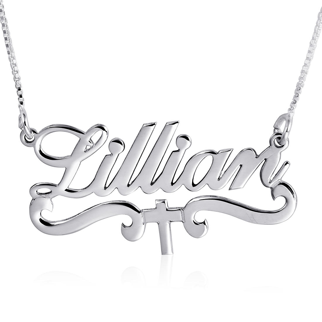 14K White Gold Cross Name Necklace, with Embellishments - 1