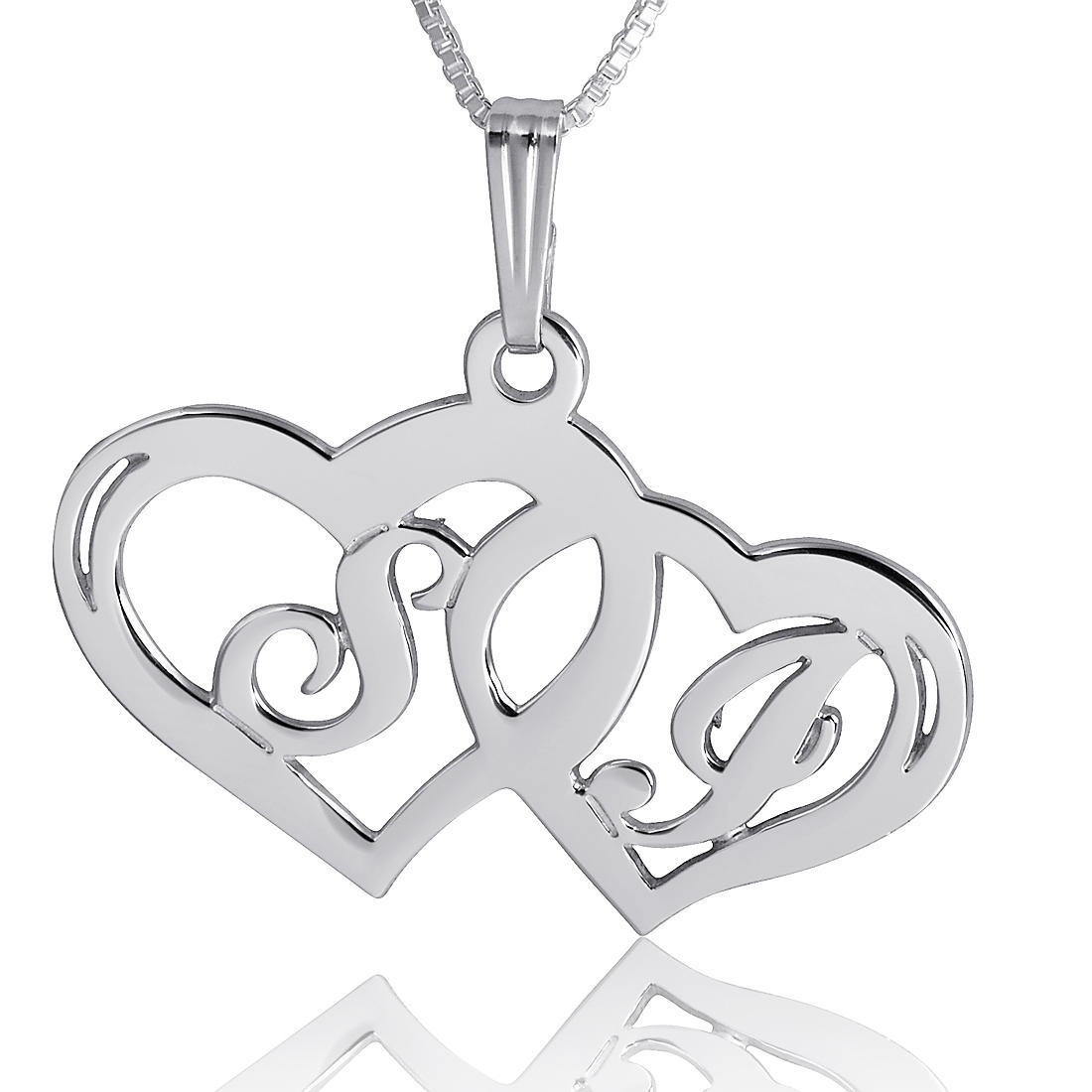 Couples Initial Heart Necklace, Luxe Double Initials with Heart, Sterling Silver - 1