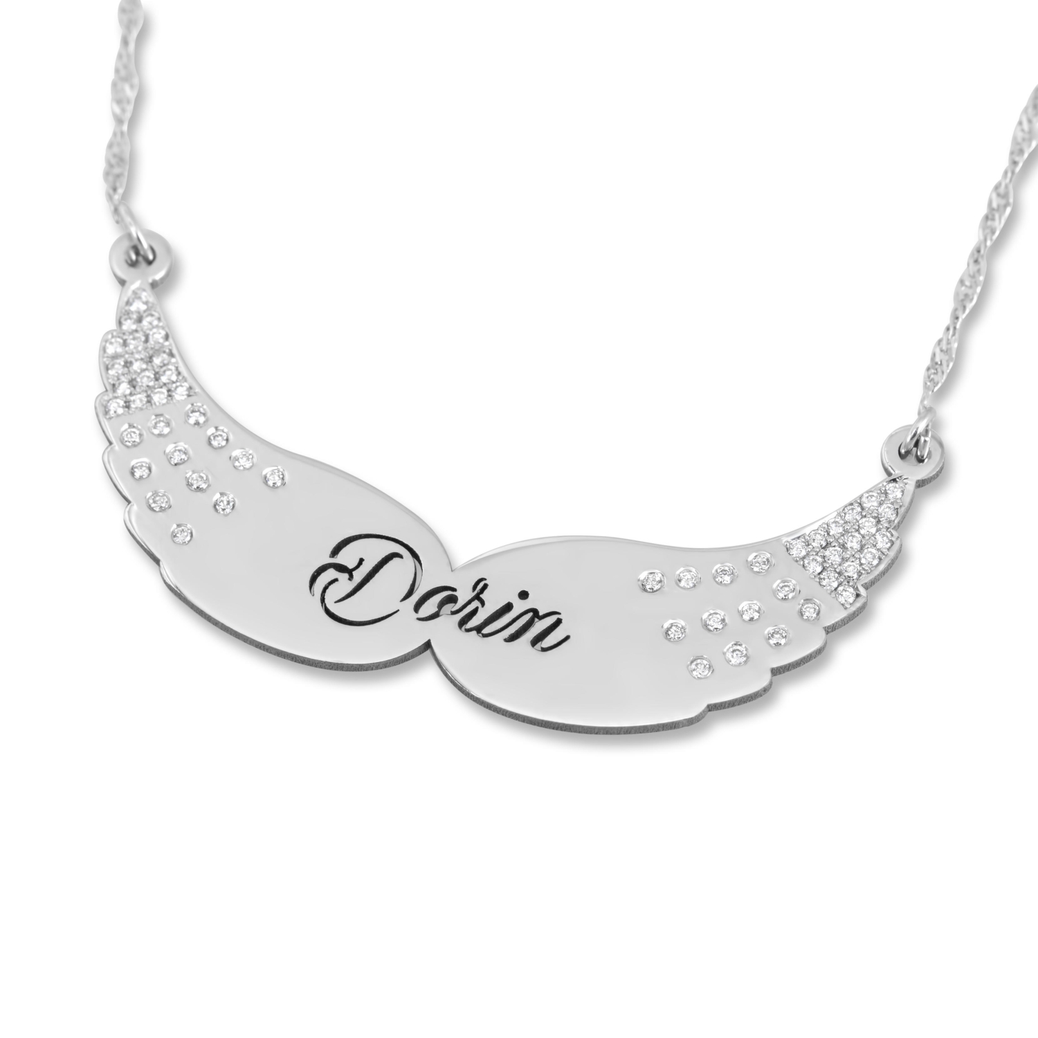 Angel Wings Name Necklace, 14k Gold White Gold with Diamonds - 1