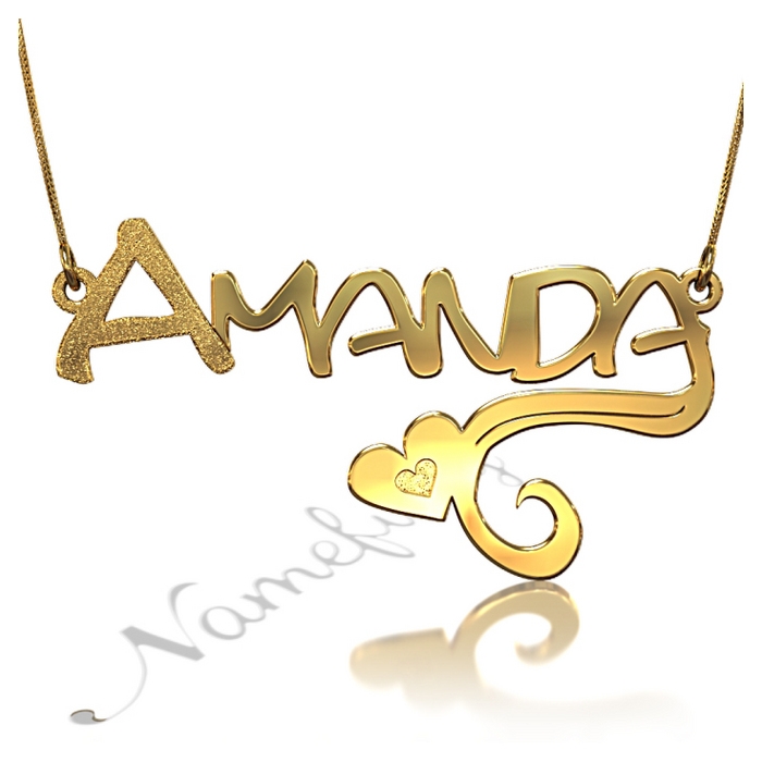 Name Necklace with Heart and Sparkling Initial in 14k Yellow Gold - "Amanda" - 1