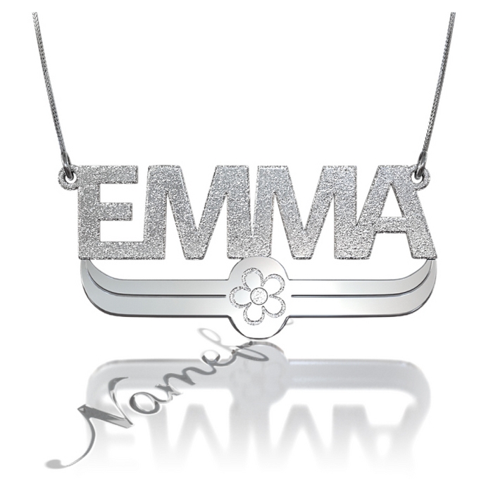 Sparkling Name Necklace in Block Print with Flower in Sterling Silver "Emma" - 1