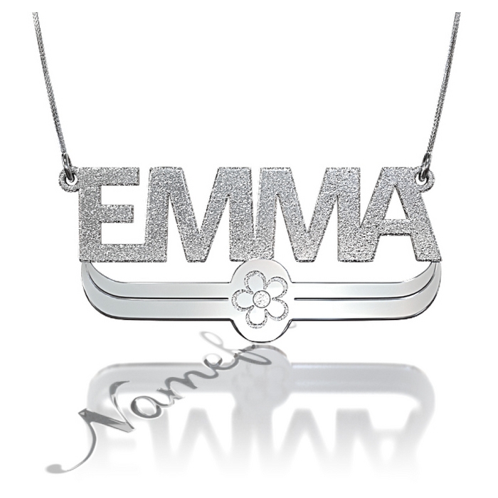 Sparkling Name Necklace in Block Print with Flower in 14k White Gold - "Emma" - 1