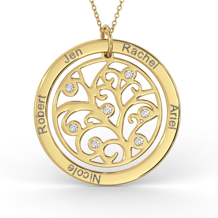 Family Tree Necklace with Diamonds in 14K Yellow Gold  - 1